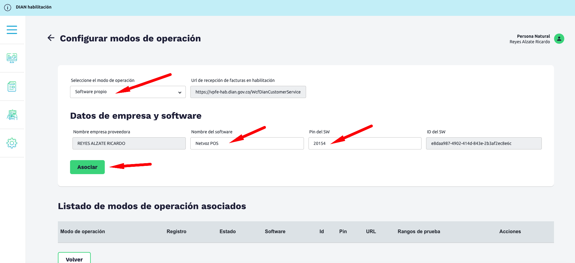 asociar modos operacion